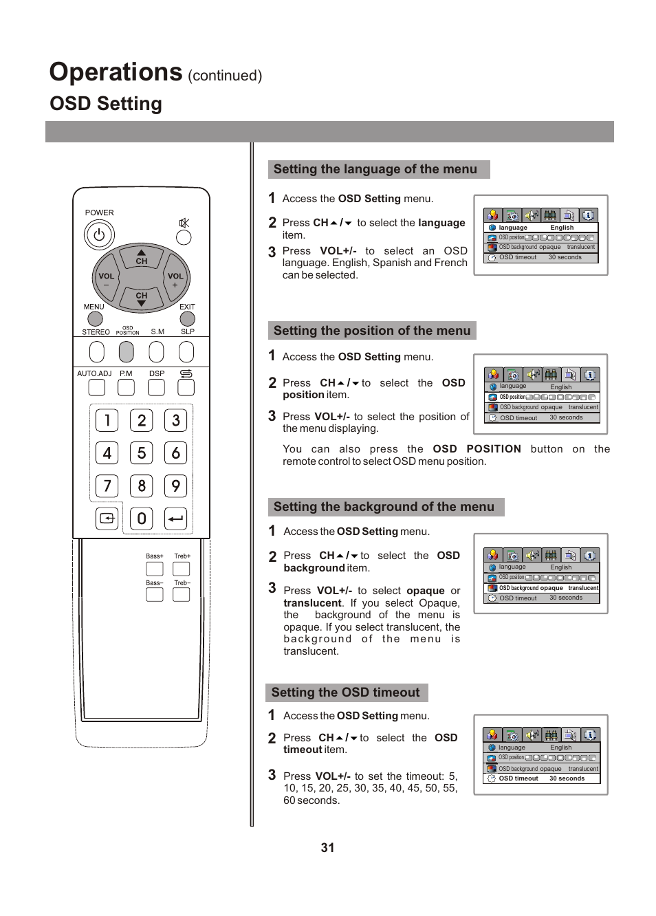 Operations, Osd setting, Continued) | Audiovox FPE1705 User Manual | Page 31 / 37