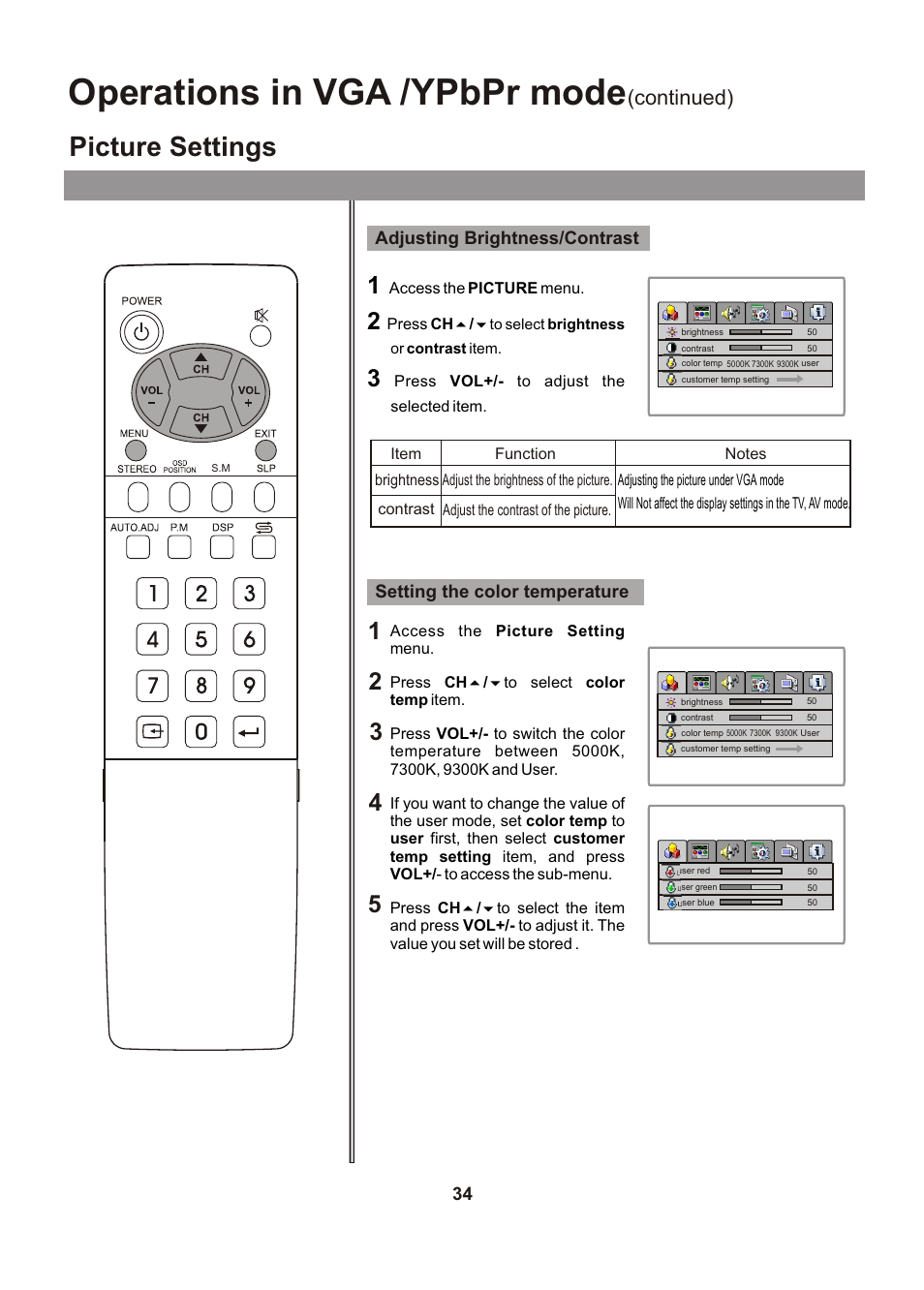 Operations in vga /ypbpr mode, Picture settings, Continued) | Audiovox FPE1705 User Manual | Page 34 / 37