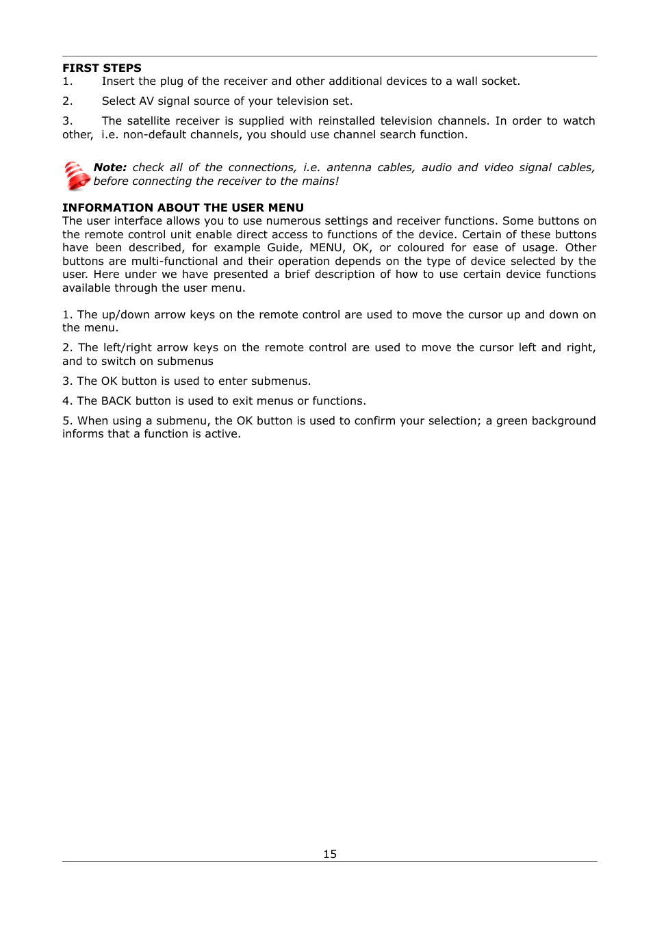 First steps, Information about the user menu, First steps information about the user menu | Ferguson Ariva S300 User Manual | Page 15 / 36