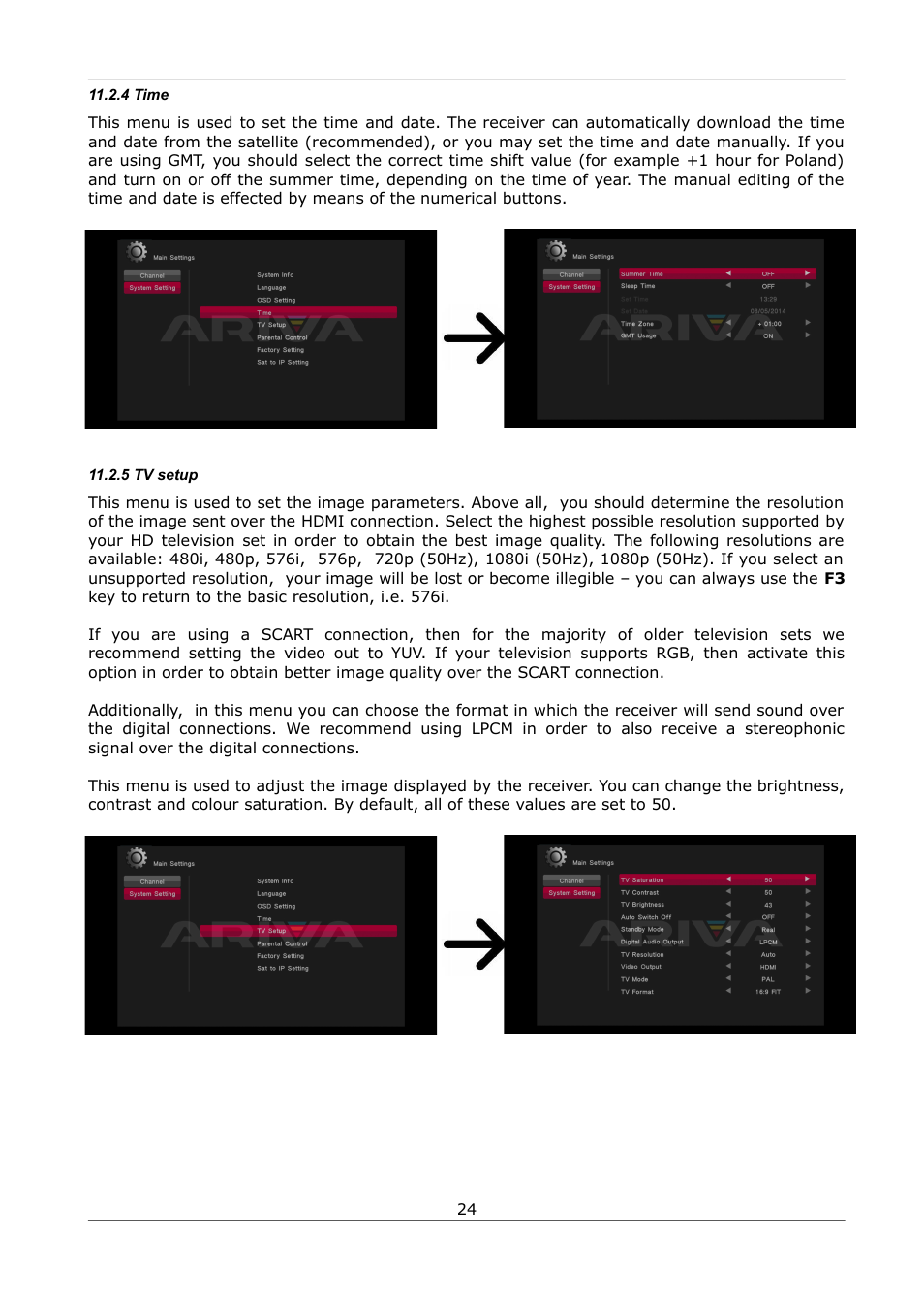 4 time, 5 tv setup | Ferguson Ariva S300 User Manual | Page 24 / 36