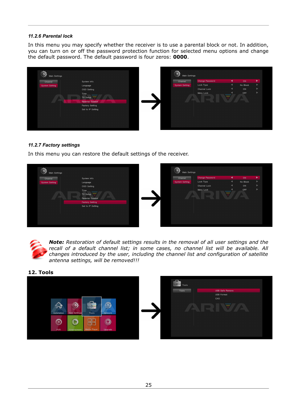 6 parental lock, 7 factory settings, Tools | Ferguson Ariva S300 User Manual | Page 25 / 36