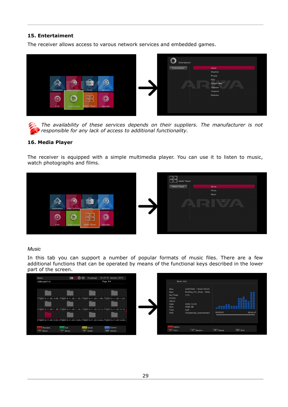 Entertaiment, Media player, Music | Ferguson Ariva S300 User Manual | Page 29 / 36