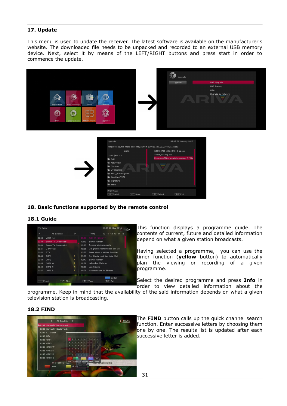 Update, Basic functions supported by the remote control, 1 guide | 2 find | Ferguson Ariva S300 User Manual | Page 31 / 36