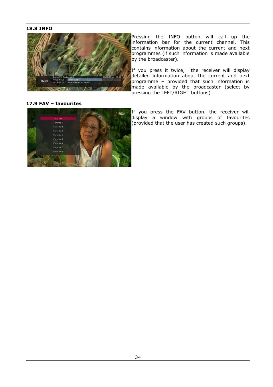 8 info, 9 fav – favourites, 8 info 17.9 fav – favourites | Ferguson Ariva S300 User Manual | Page 34 / 36