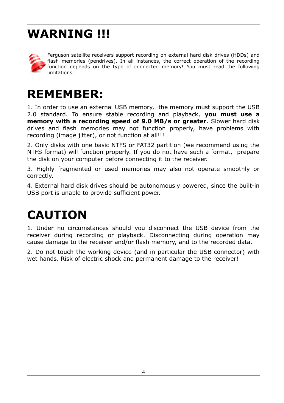 Warning, Remember, Caution | Ferguson Ariva S300 User Manual | Page 4 / 36
