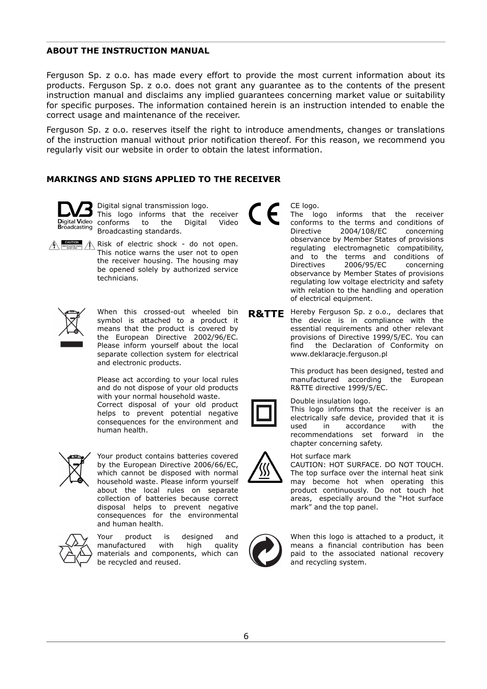 About the instruction manual, Markings and signs applied to the receiver, R&tte | Ferguson Ariva S300 User Manual | Page 6 / 36