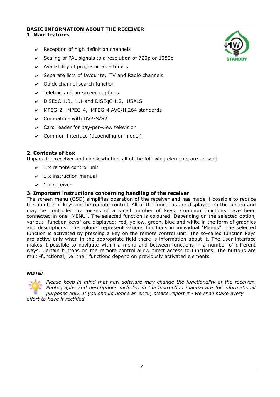 Basic information about the receiver, Main features, Contents of box | Ferguson Ariva S300 User Manual | Page 7 / 36