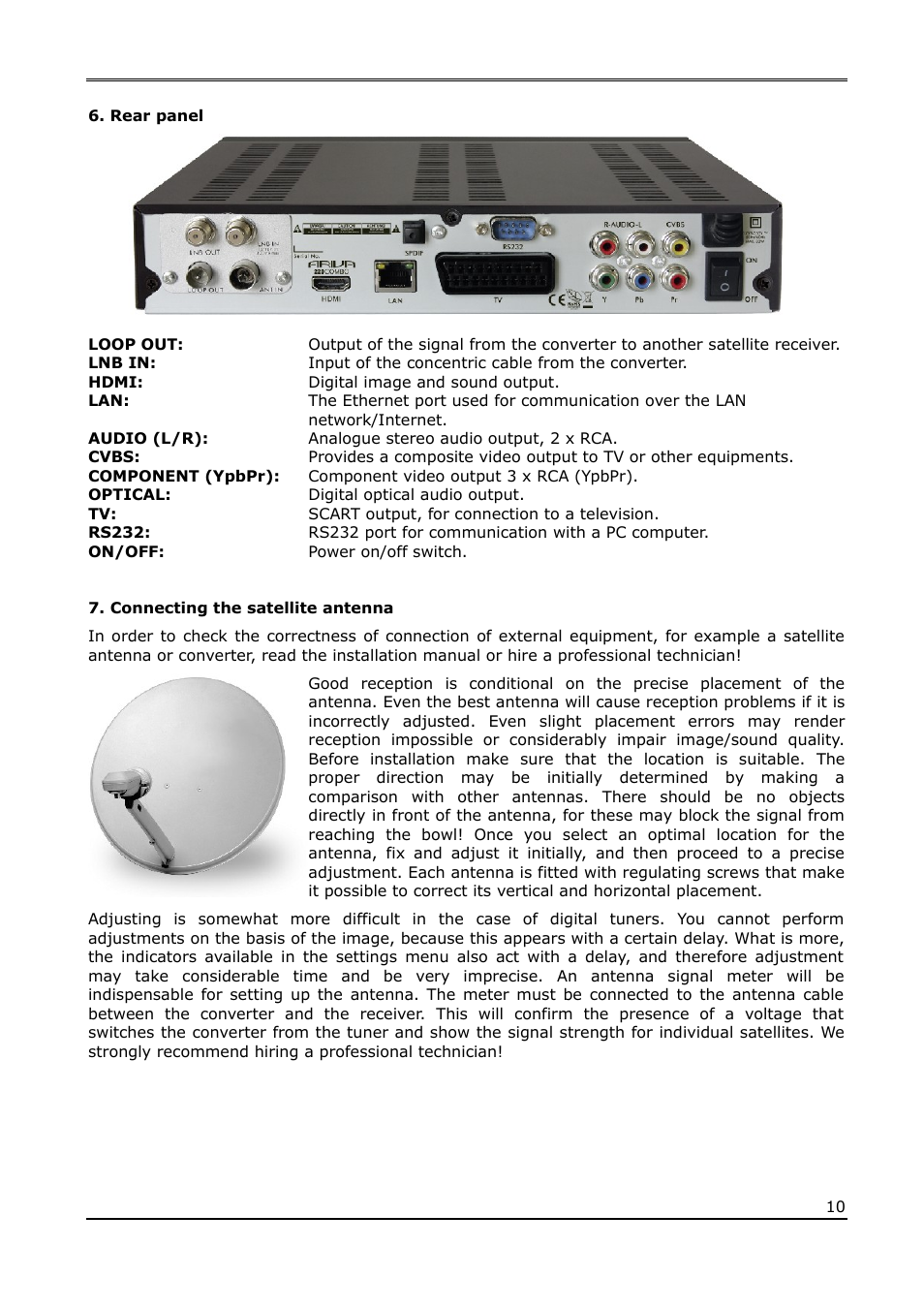 Rear panel, Connecting the satellite antenna | Ferguson Ariva 220Combo User Manual | Page 10 / 52