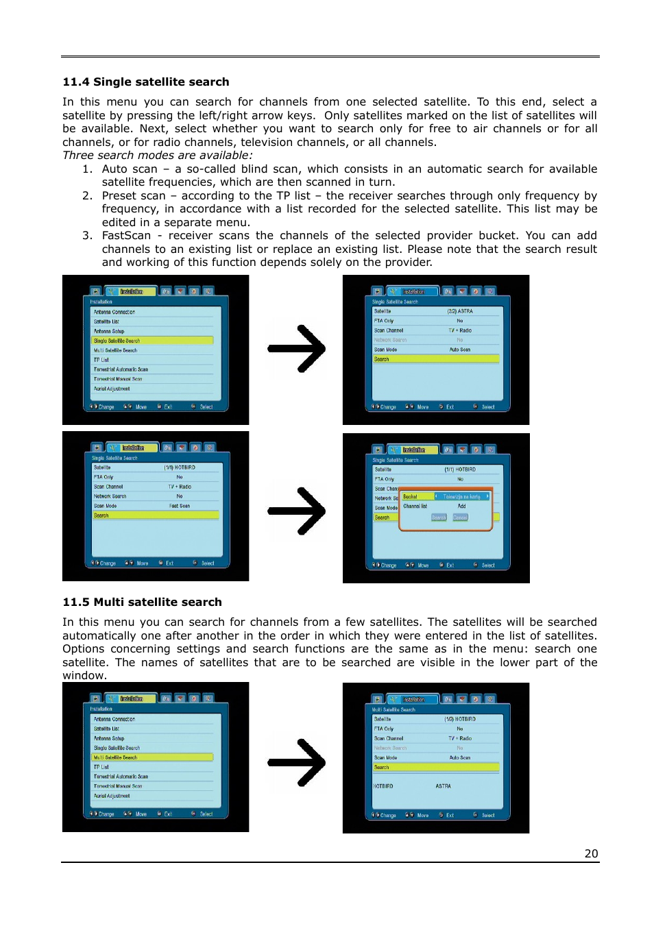 4 single satellite search, 5 multi satellite search | Ferguson Ariva 220Combo User Manual | Page 20 / 52