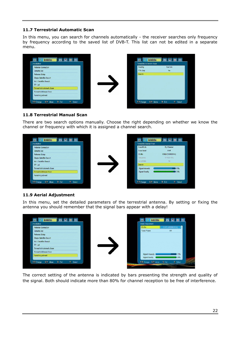 7 terrestrial automatic scan, 8 terrestrial manual scan, 9 aerial adjustment | Ferguson Ariva 220Combo User Manual | Page 22 / 52