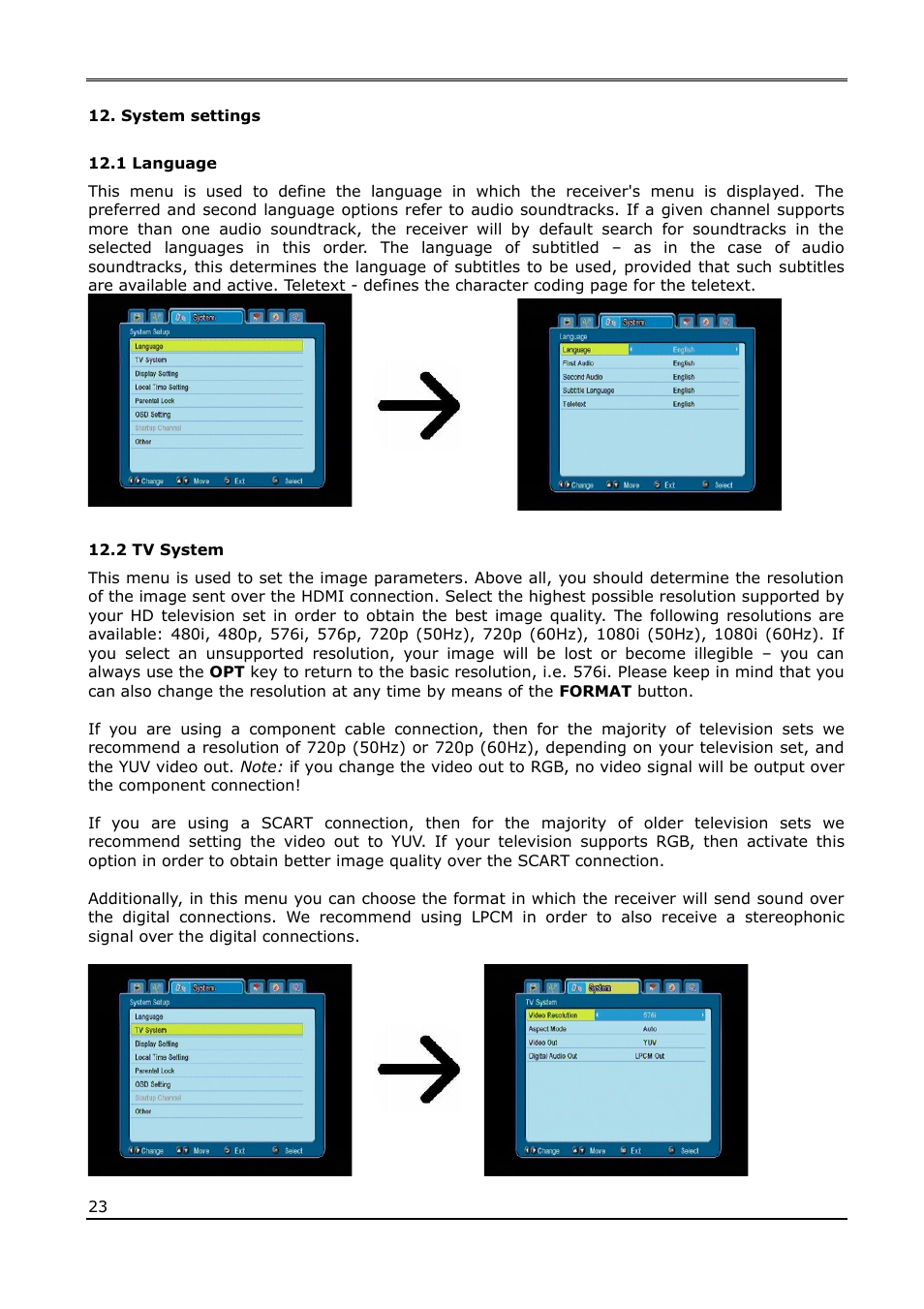 System settings, 1 language, 2 tv system | Ferguson Ariva 220Combo User Manual | Page 23 / 52