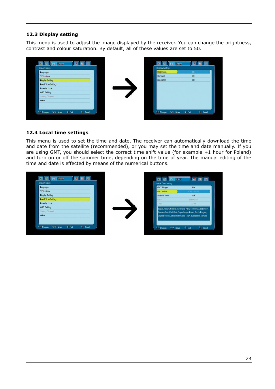 3 display setting, 4 local time settings | Ferguson Ariva 220Combo User Manual | Page 24 / 52