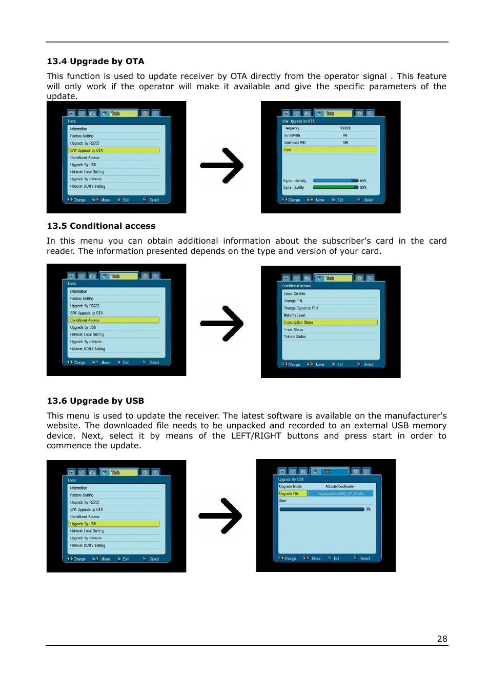 4 upgrade by ota, 5 conditional access, 6 upgrade by usb | Ferguson Ariva 220Combo User Manual | Page 28 / 52