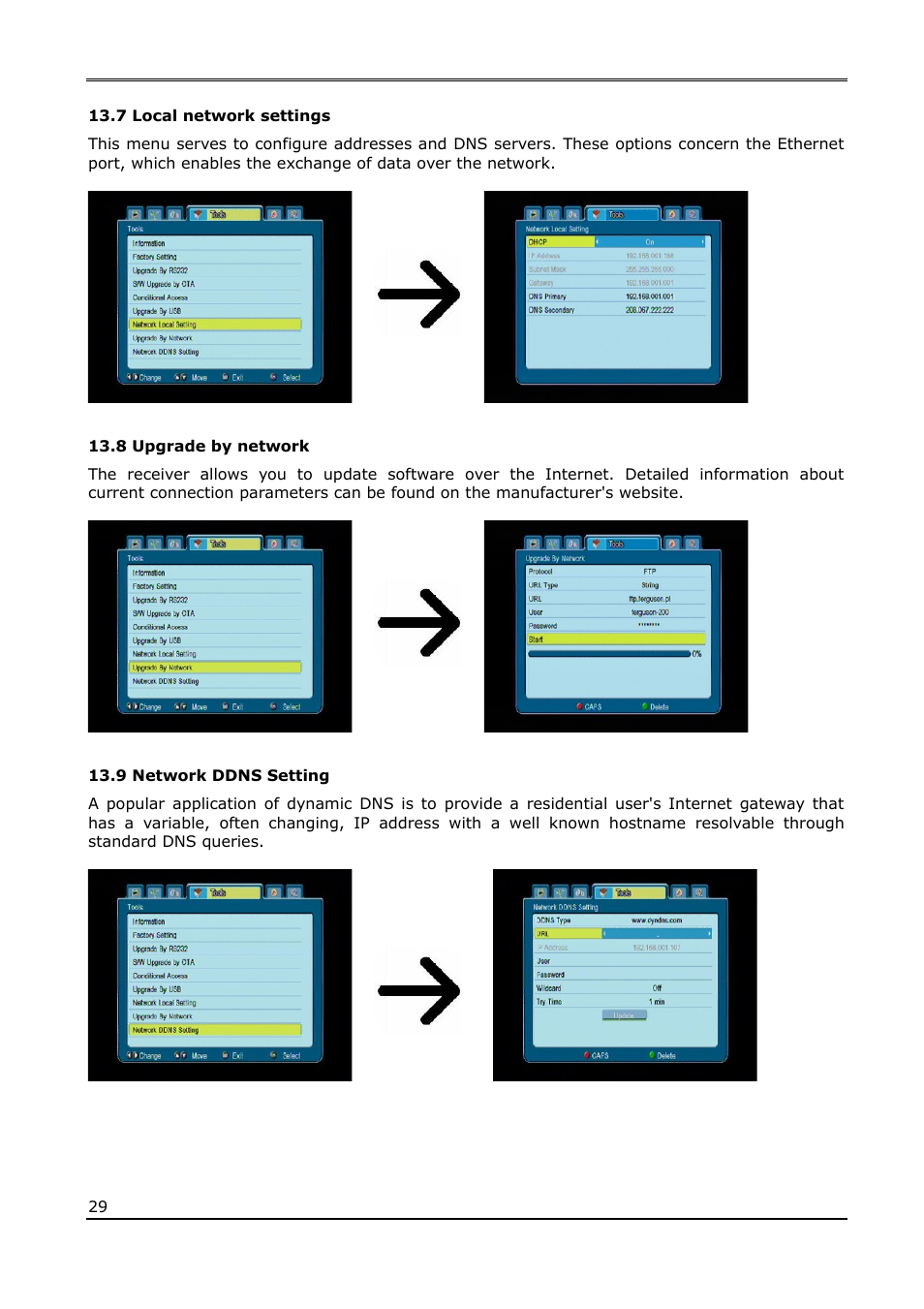 7 local network settings, 8 upgrade by network, 9 network ddns setting | Ferguson Ariva 220Combo User Manual | Page 29 / 52