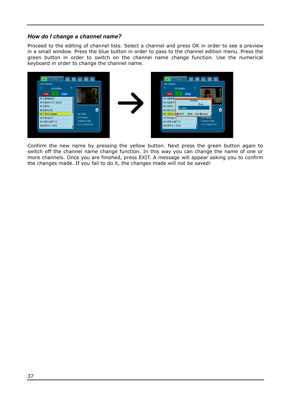 How do i change a channel name | Ferguson Ariva 220Combo User Manual | Page 37 / 52