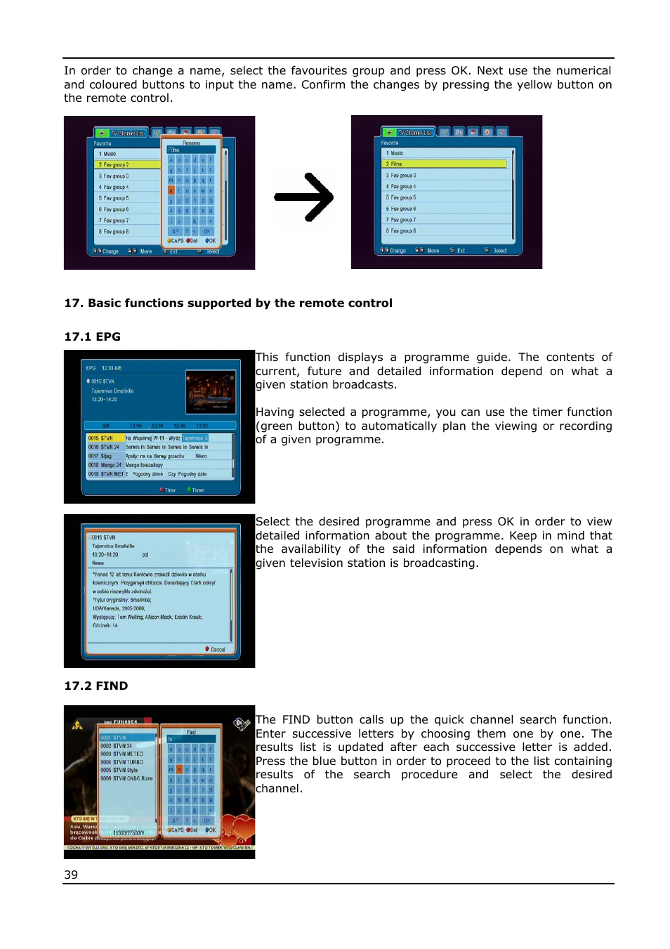 Basic functions supported by the remote control, 1 epg, 2 find | Ferguson Ariva 220Combo User Manual | Page 39 / 52