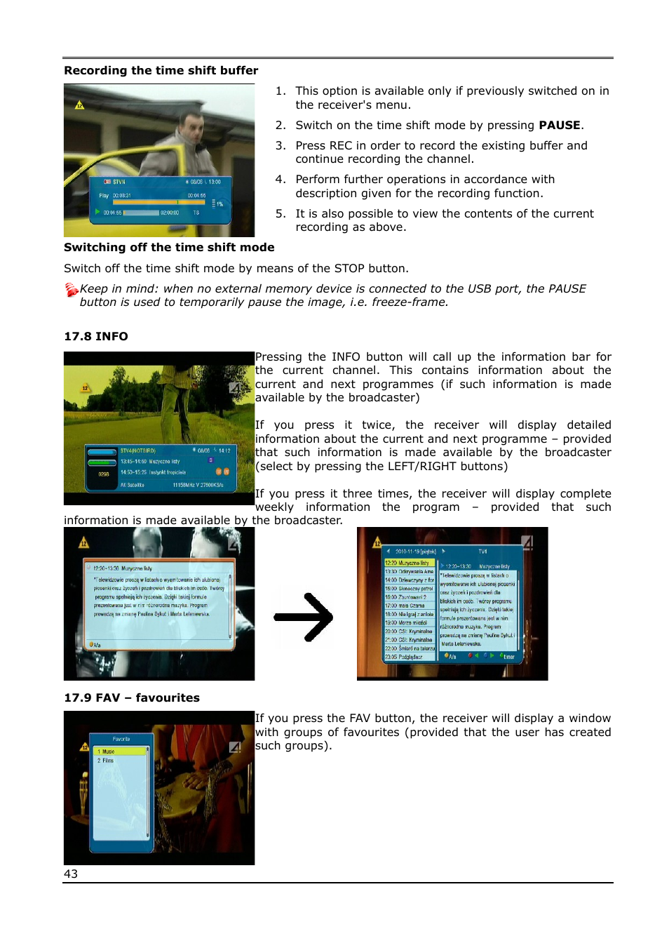 8 info, 9 fav – favourites | Ferguson Ariva 220Combo User Manual | Page 43 / 52