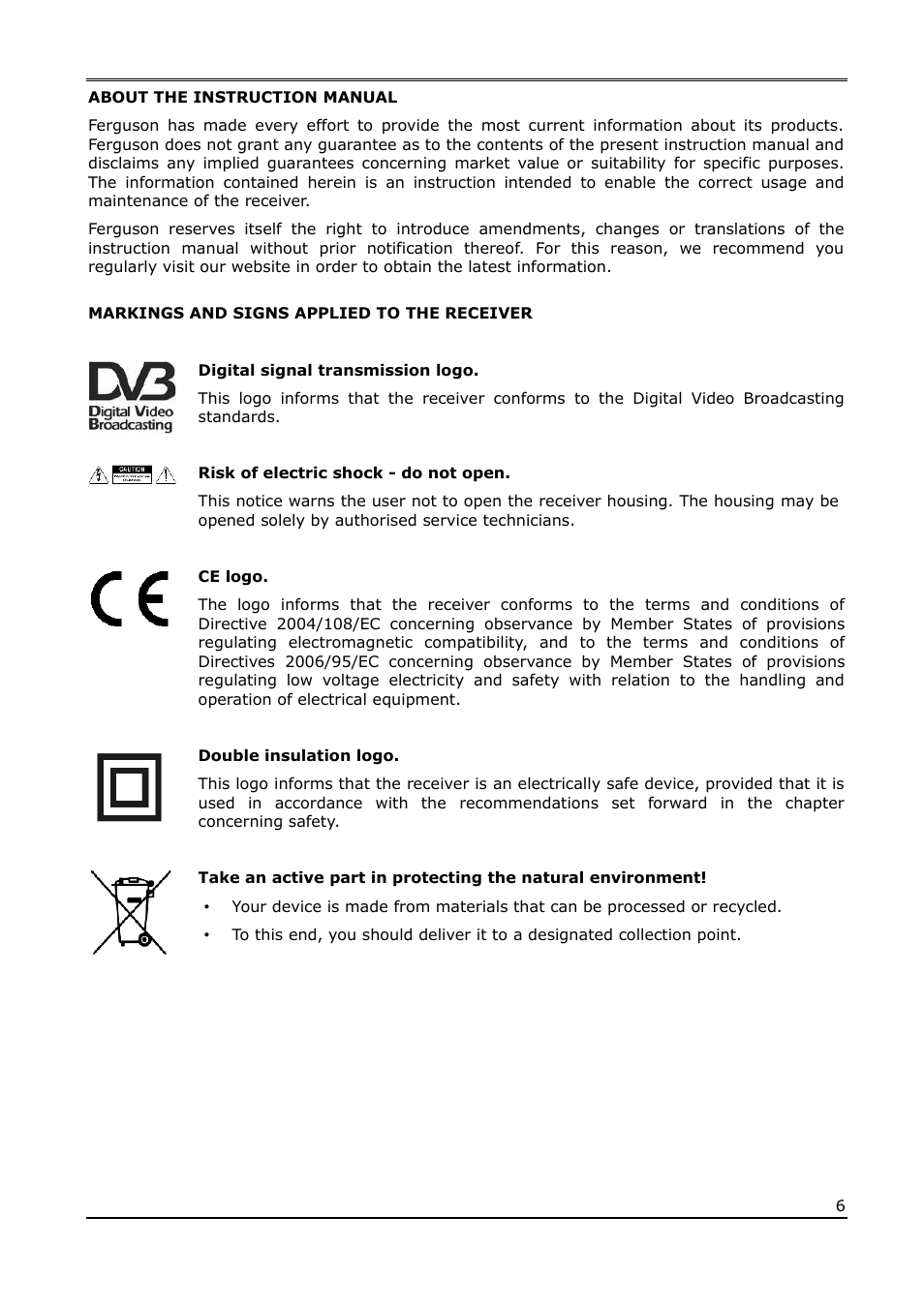 About the instruction manual, Markings and signs applied to the receiver | Ferguson Ariva 220Combo User Manual | Page 6 / 52