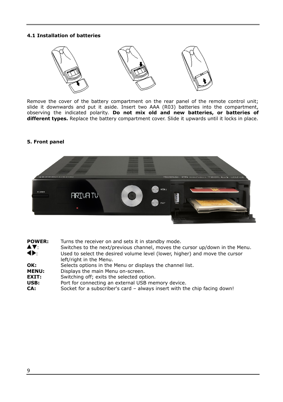 1 installation of batteries, Front panel | Ferguson Ariva 220Combo User Manual | Page 9 / 52