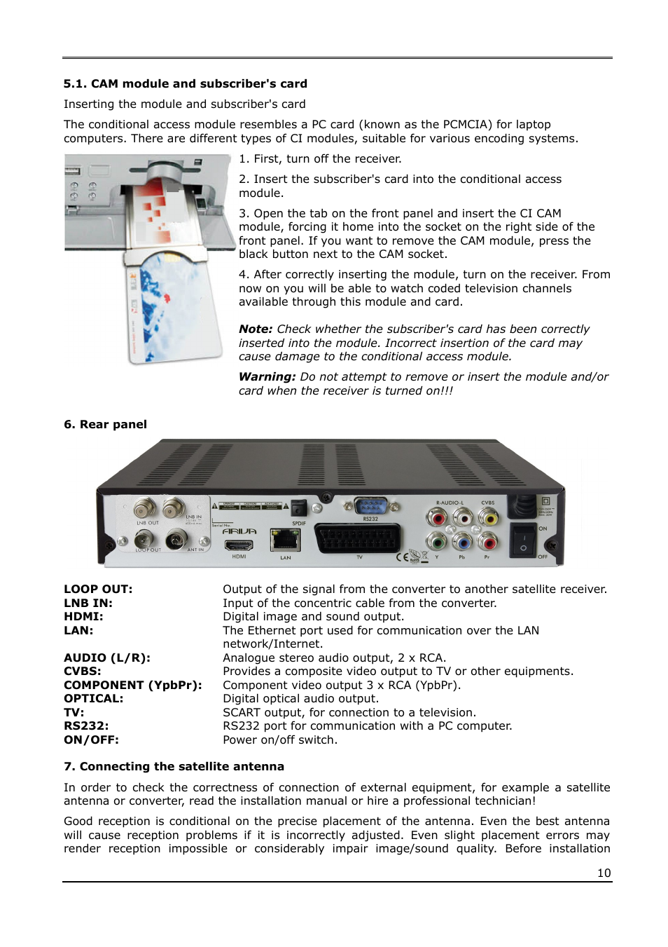 Cam module and subscriber's card, Rear panel, Connecting the satellite antenna | Ferguson Ariva 210Combo User Manual | Page 10 / 46