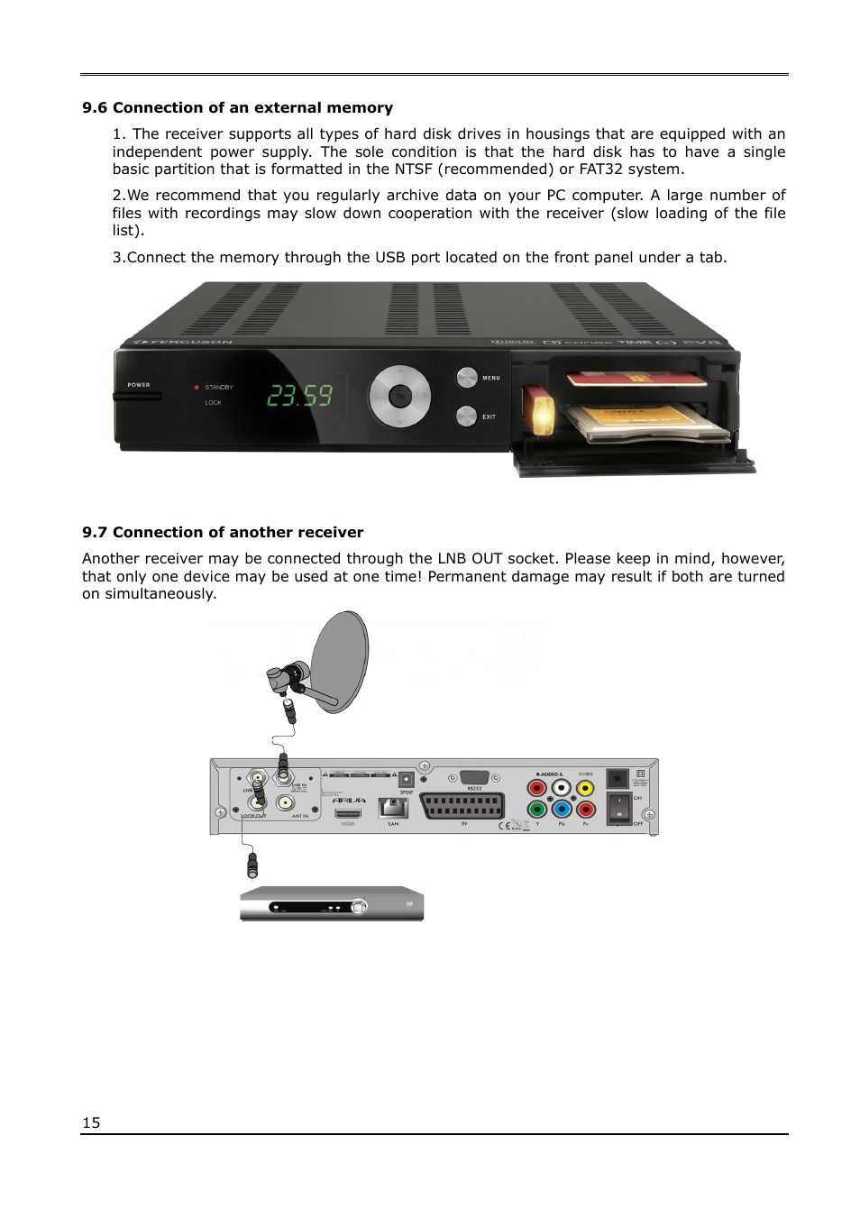 6 connection of an external memory, 7 connection of another receiver | Ferguson Ariva 210Combo User Manual | Page 15 / 46