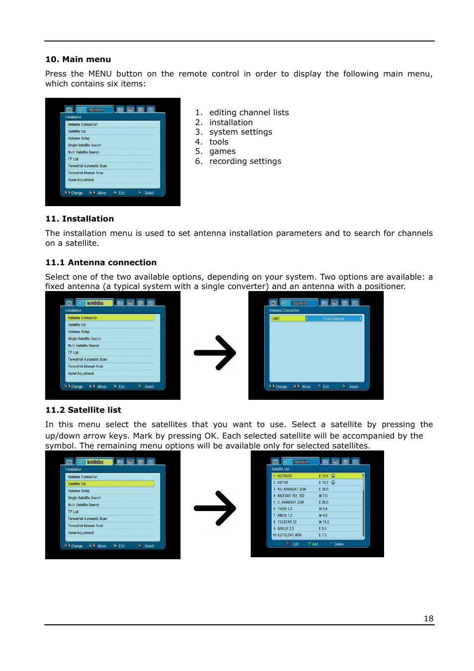 Main menu, Installation, 1 antenna connection | 2 satellite list | Ferguson Ariva 210Combo User Manual | Page 18 / 46