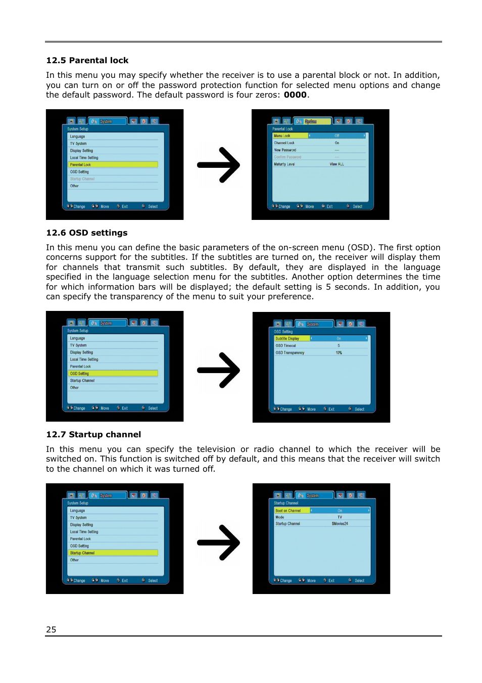 5 parental lock, 6 osd settings, 7 startup channel | Ferguson Ariva 210Combo User Manual | Page 25 / 46