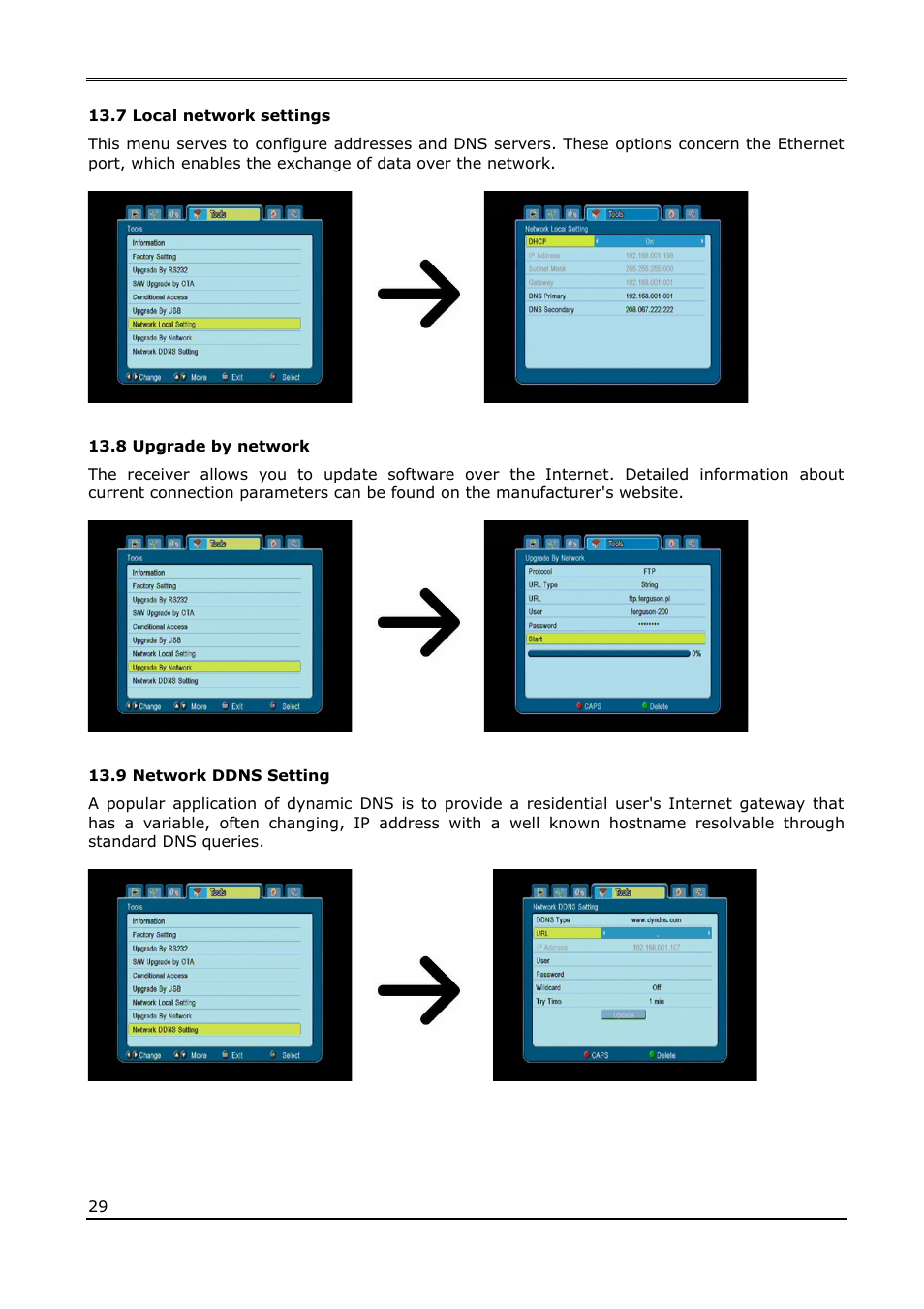 7 local network settings, 8 upgrade by network, 9 network ddns setting | Ferguson Ariva 210Combo User Manual | Page 29 / 46