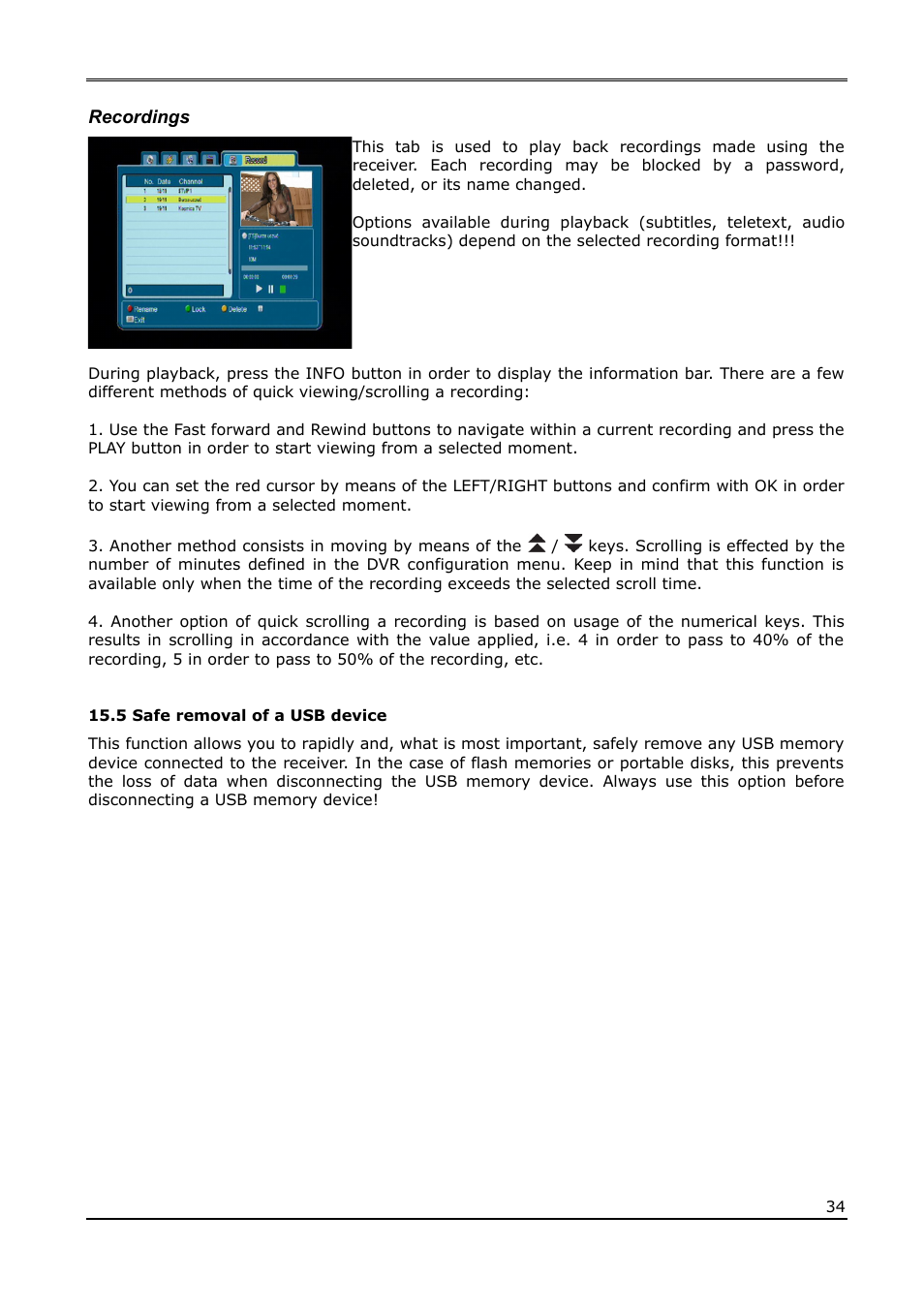 Recordings, 5 safe removal of a usb device | Ferguson Ariva 210Combo User Manual | Page 34 / 46