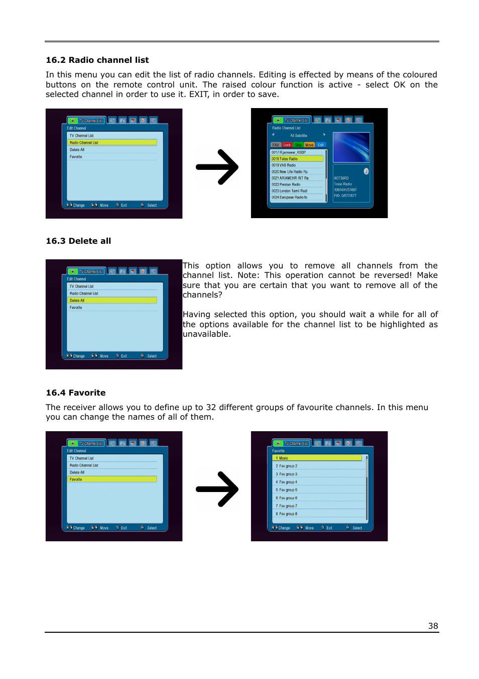 2 radio channel list, 3 delete all, 4 favorite | Ferguson Ariva 210Combo User Manual | Page 38 / 46