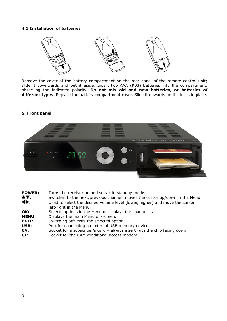 1 installation of batteries, Front panel | Ferguson Ariva 210Combo User Manual | Page 9 / 46