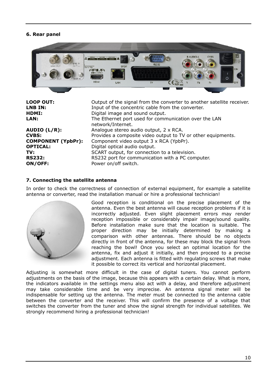 Rear panel, Connecting the satellite antenna | Ferguson Ariva 200Combo User Manual | Page 10 / 52