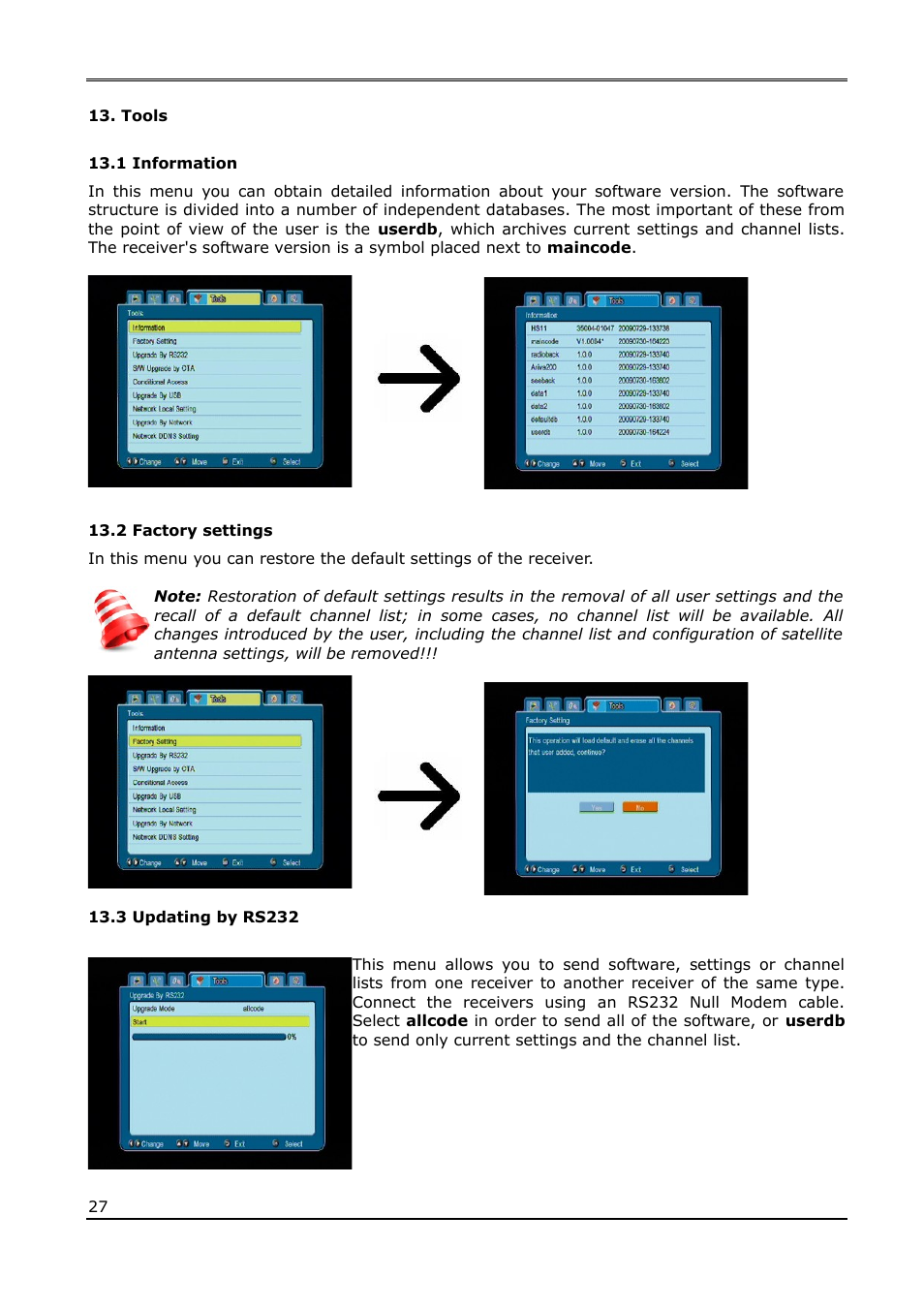 Tools, 1 information, 2 factory settings | 3 updating by rs232 | Ferguson Ariva 200Combo User Manual | Page 27 / 52