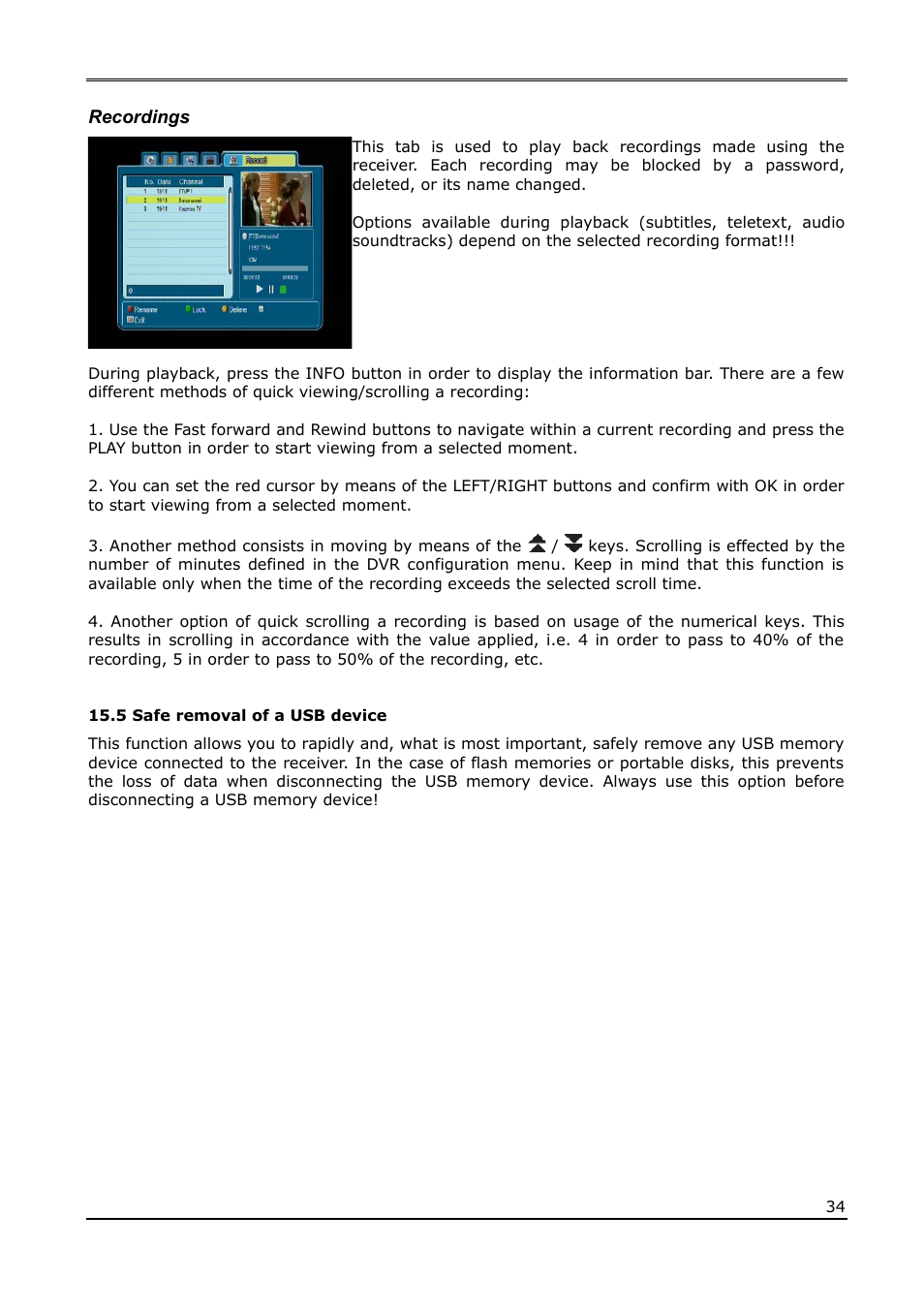 Recordings, 5 safe removal of a usb device | Ferguson Ariva 200Combo User Manual | Page 34 / 52