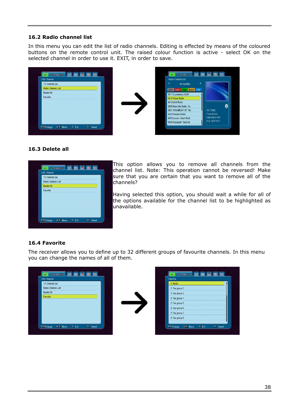 2 radio channel list, 3 delete all, 4 favorite | Ferguson Ariva 200Combo User Manual | Page 38 / 52