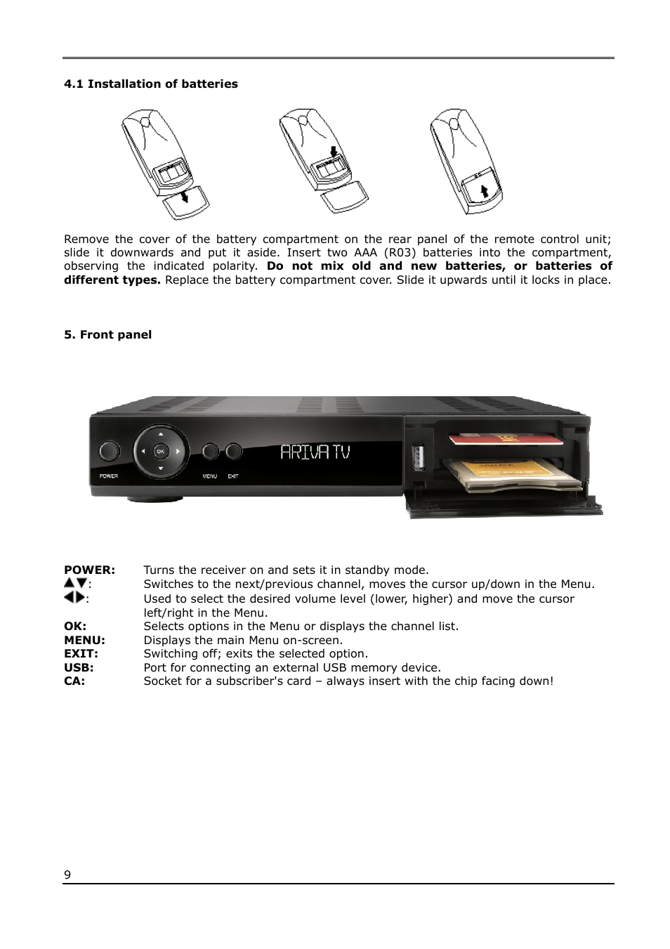 1 installation of batteries, Front panel | Ferguson Ariva 200Combo User Manual | Page 9 / 52