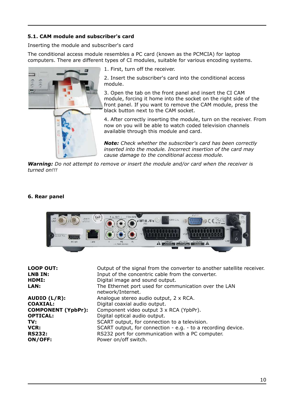 Cam module and subscriber's card, Rear panel | Ferguson Ariva 200 User Manual | Page 10 / 60