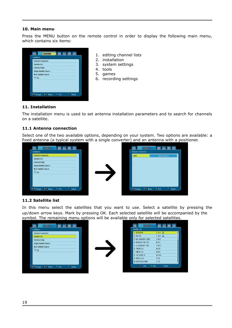 Main menu, Installation, 1 antenna connection | 2 satellite list | Ferguson Ariva 200 User Manual | Page 19 / 60