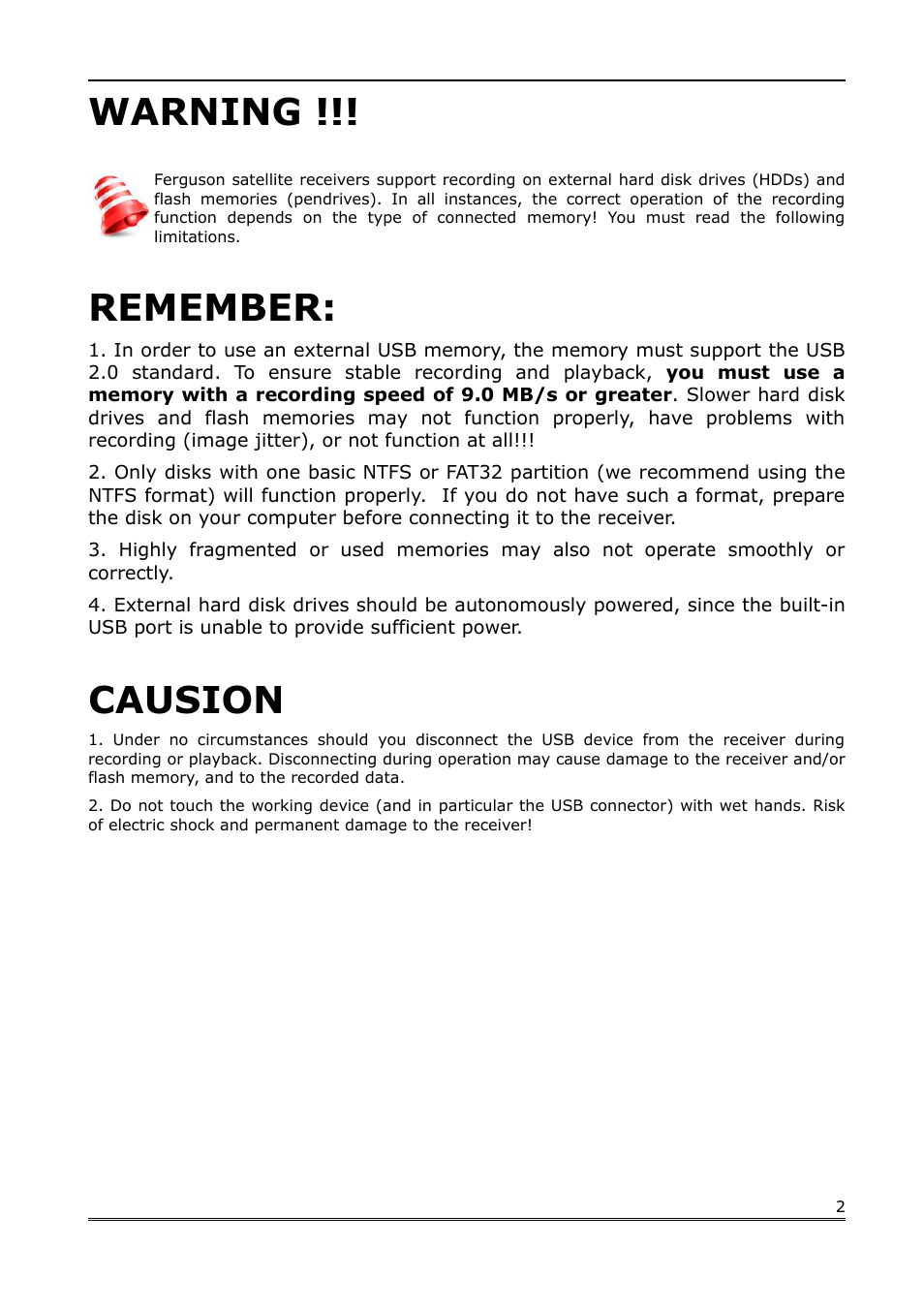 Warning, Remember, Causion | Ferguson Ariva 200 User Manual | Page 2 / 60