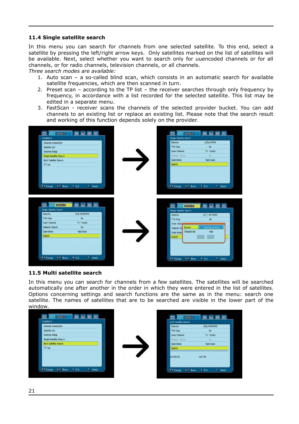 4 single satellite search, 5 multi satellite search | Ferguson Ariva 200 User Manual | Page 21 / 60