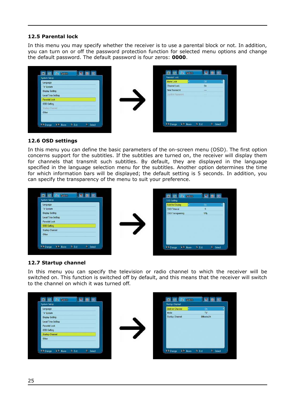 5 parental lock, 6 osd settings, 7 startup channel | Ferguson Ariva 200 User Manual | Page 25 / 60