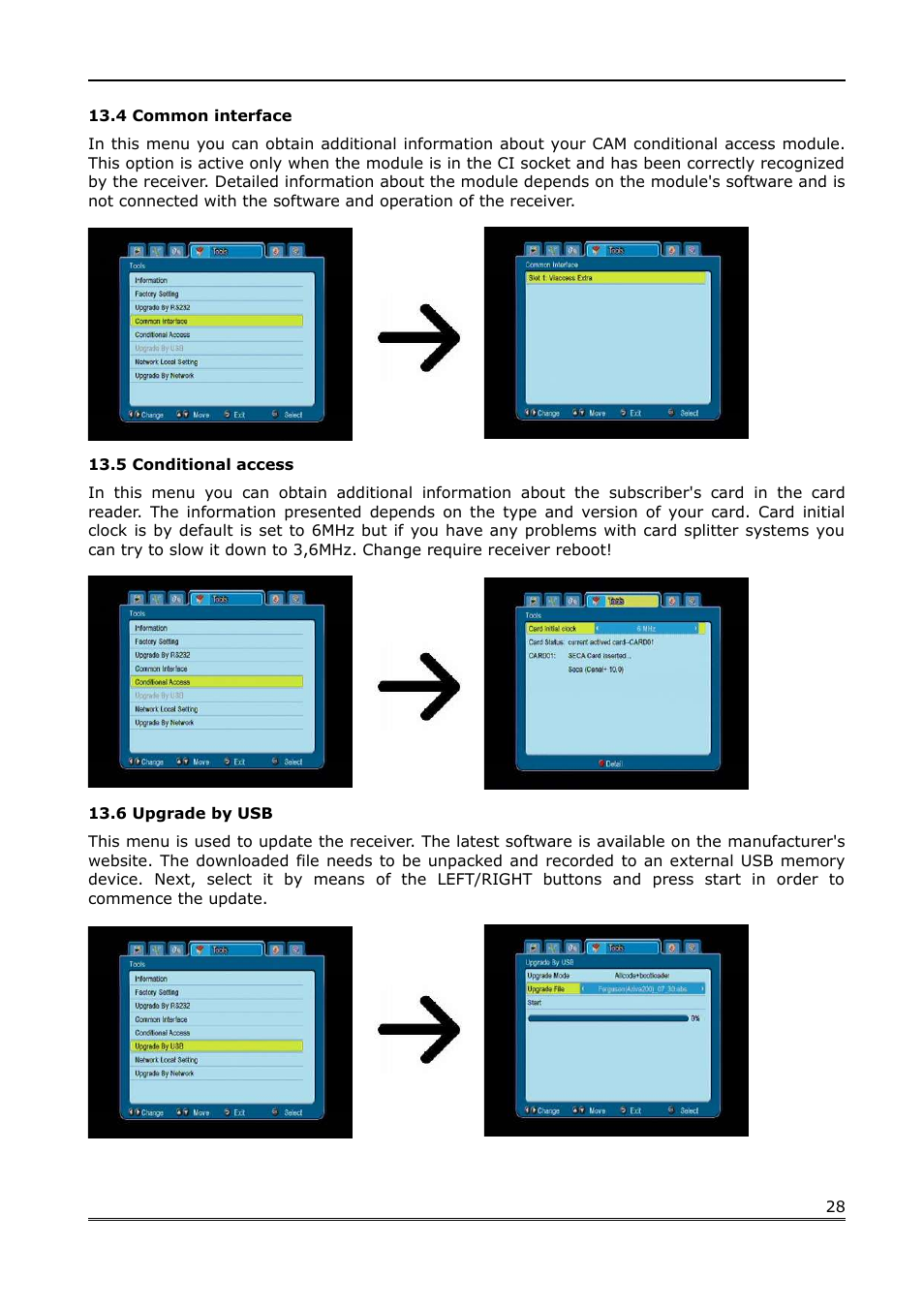 4 common interface, 5 conditional access, 6 upgrade by usb | Ferguson Ariva 200 User Manual | Page 28 / 60