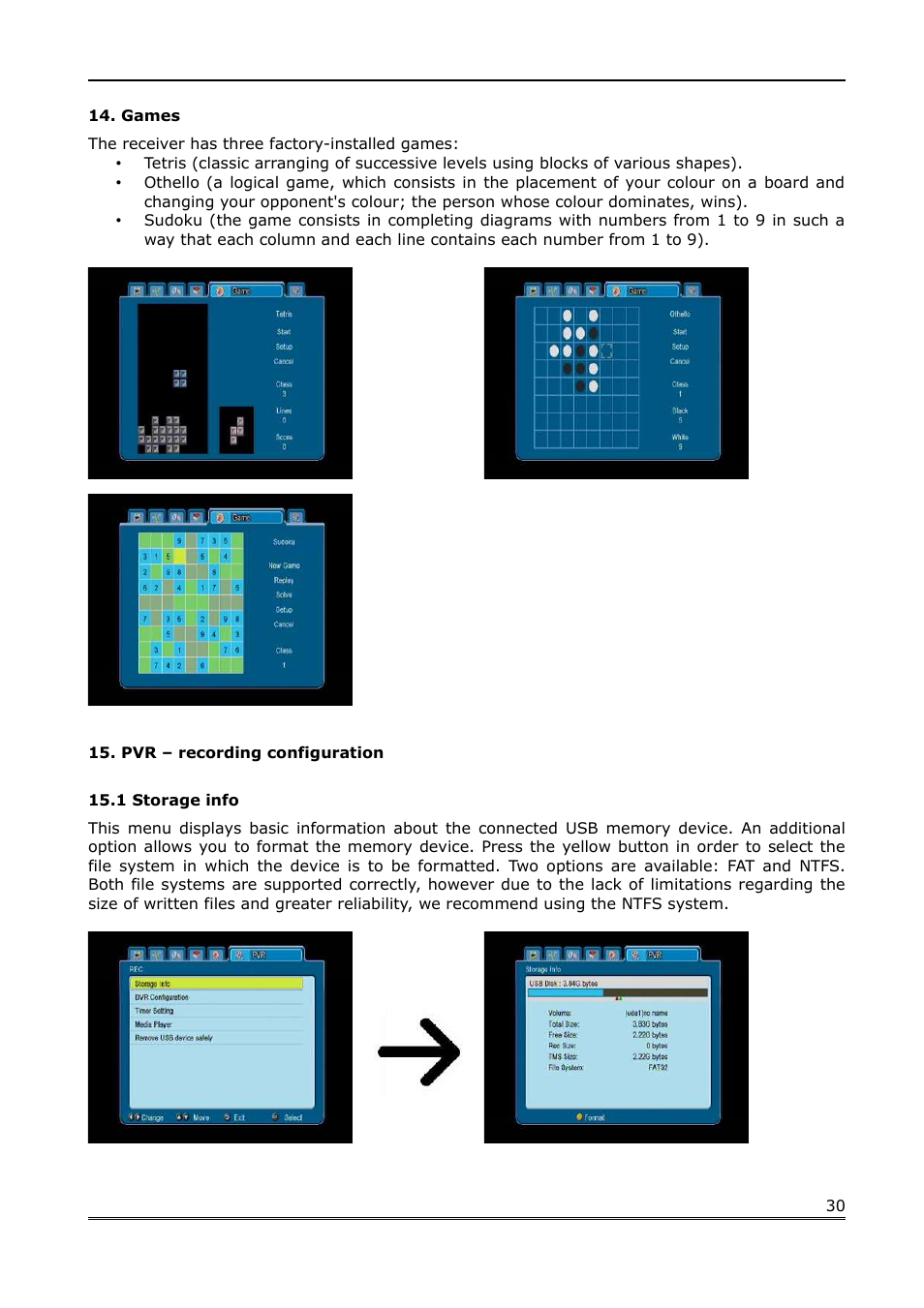 Games, Pvr – recording configuration, 1 storage info | Ferguson Ariva 200 User Manual | Page 30 / 60