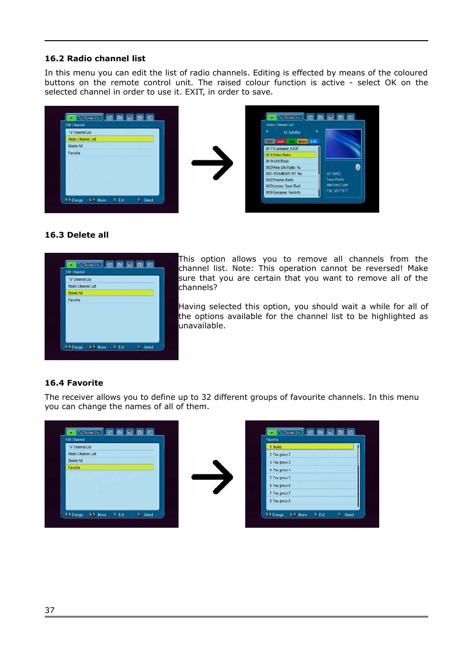 2 radio channel list, 3 delete all, 4 favorite | Ferguson Ariva 200 User Manual | Page 37 / 60