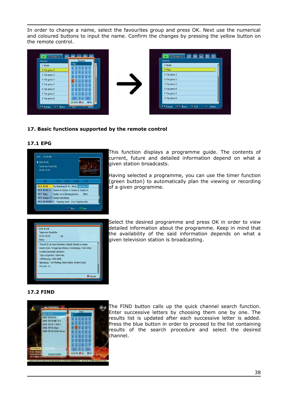 Basic functions supported by the remote control, 1 epg, 2 find | Ferguson Ariva 200 User Manual | Page 38 / 60