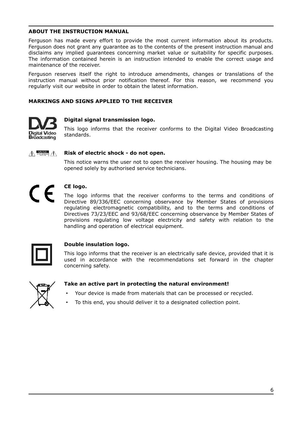 About the instruction manual, Markings and signs applied to the receiver | Ferguson Ariva 200 User Manual | Page 6 / 60