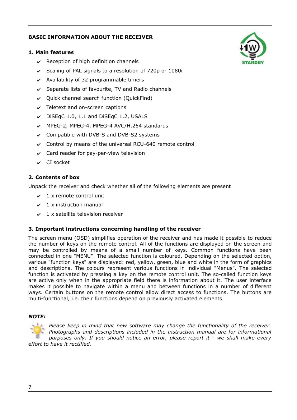 Basic information about the receiver, Main features, Contents of box | Ferguson Ariva 200 User Manual | Page 7 / 60