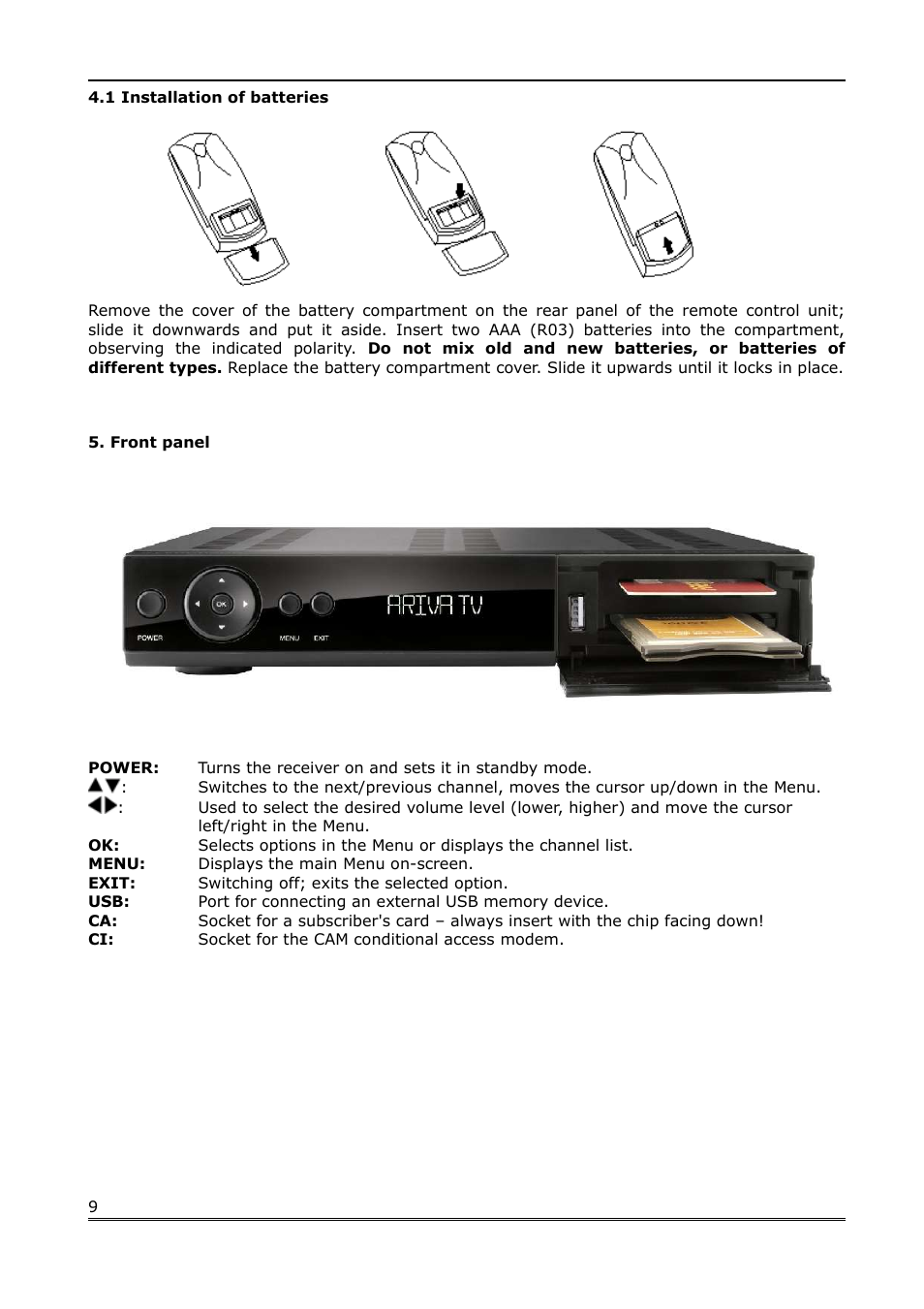 1 installation of batteries, Front panel | Ferguson Ariva 200 User Manual | Page 9 / 60