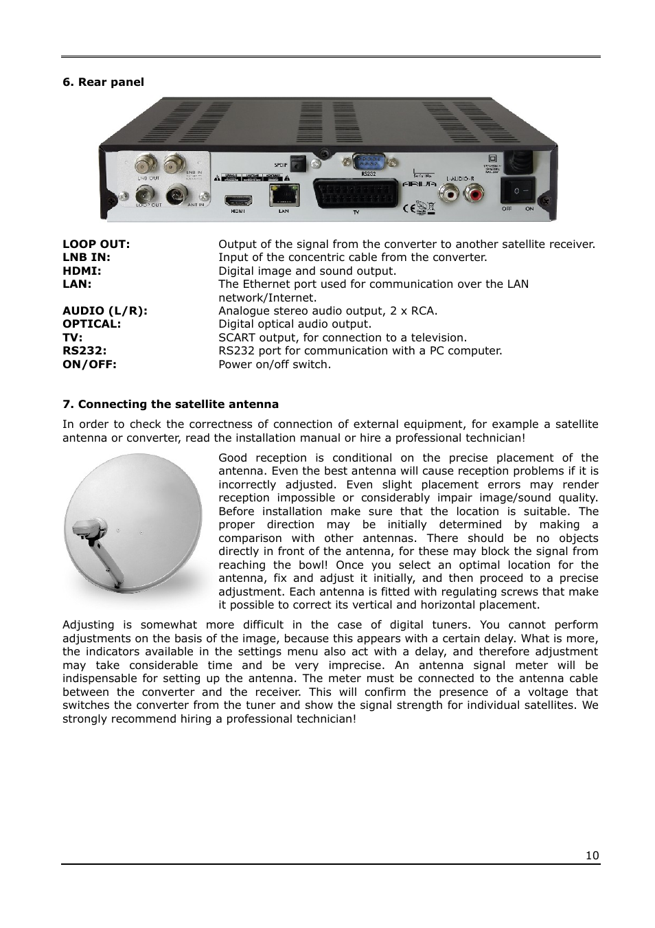 Rear panel, Connecting the satellite antenna | Ferguson Ariva 120Combo User Manual | Page 10 / 45