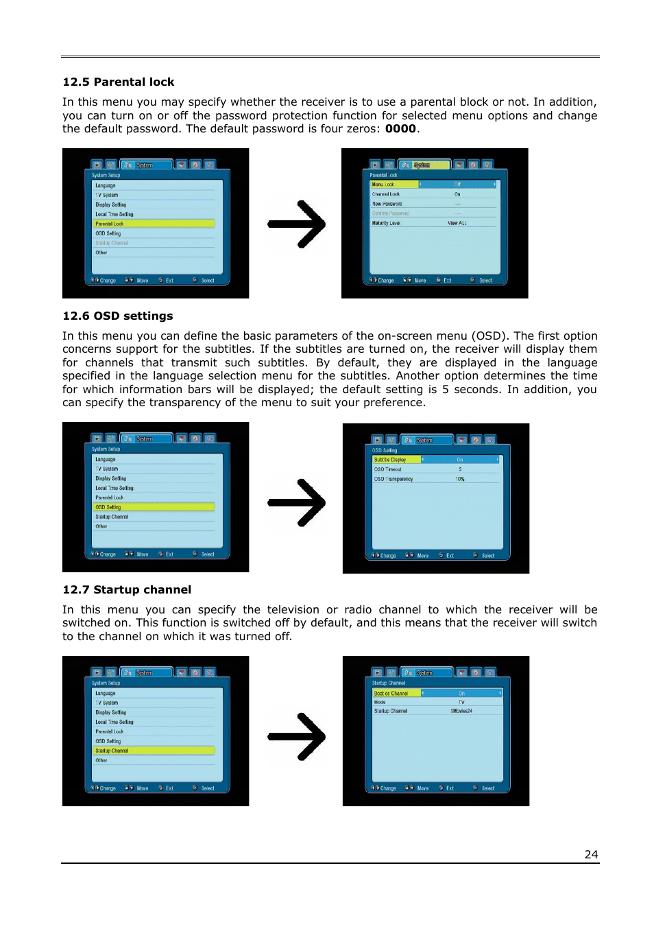 5 parental lock, 6 osd settings, 7 startup channel | Ferguson Ariva 120Combo User Manual | Page 24 / 45